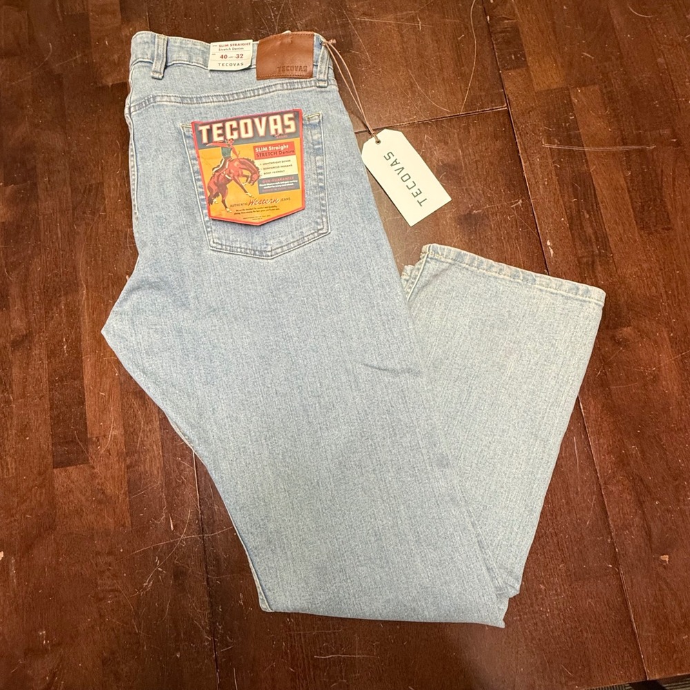New Tecovas Slim Straight Jeans Men 40x32 Light Stone Wash Stretch Western Denim